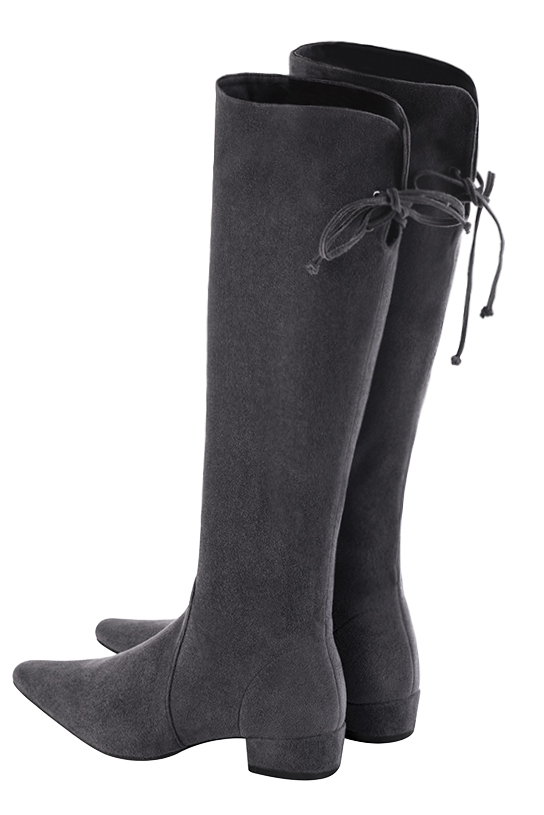 Dark grey women's knee-high boots, with laces at the back. Tapered toe. Low block heels. Made to measure. Rear view - Florence KOOIJMAN